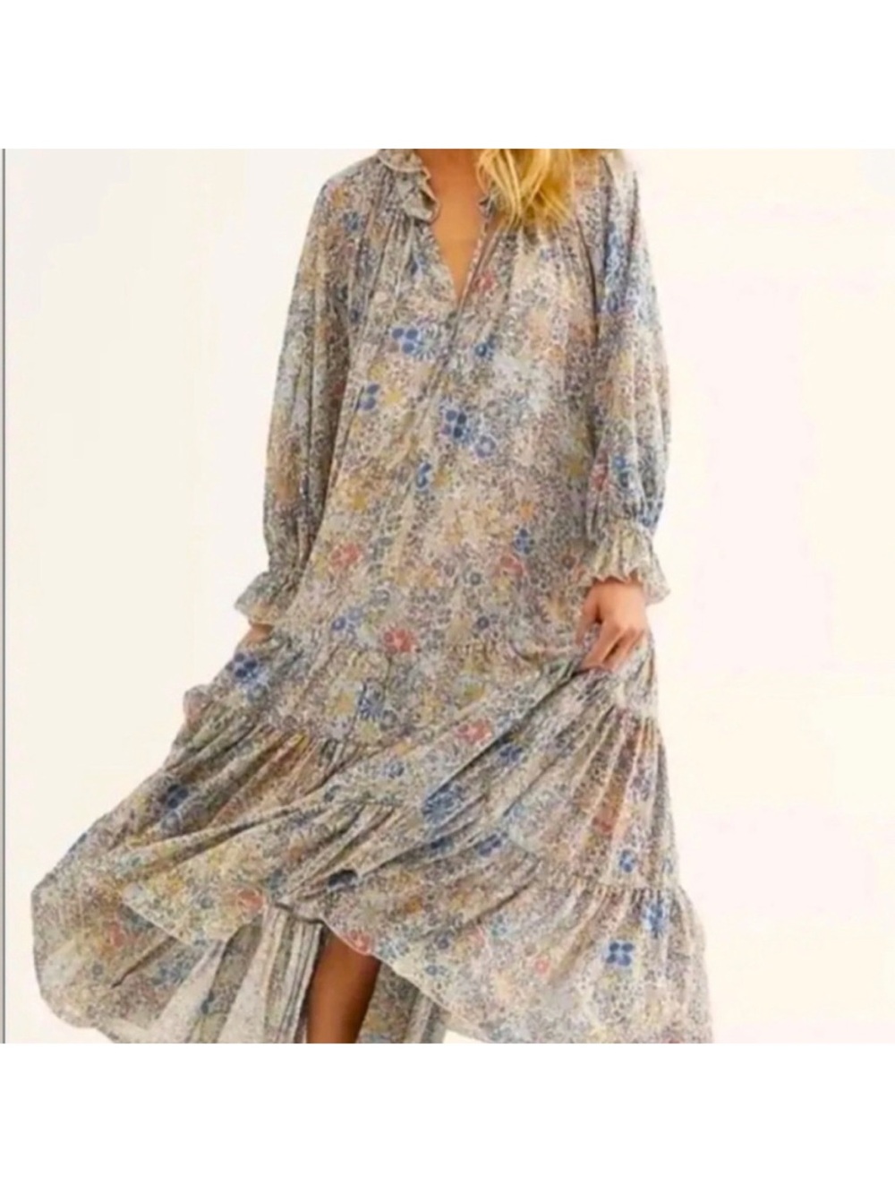 Free People Boho Floral Maxi Dress in Light Blue